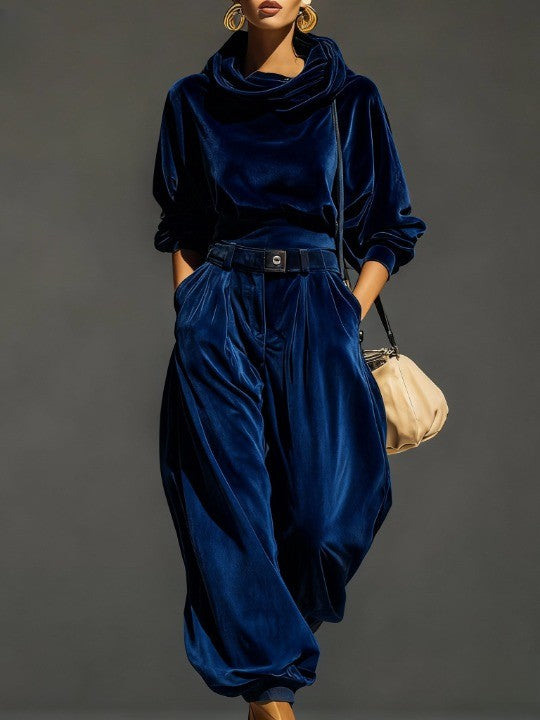 Elegant Velvet Two Piece Set for Women with Draped Cowl Neck and Wide Leg Trousers