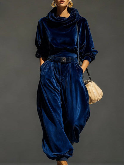Elegant Velvet Two Piece Set for Women with Draped Cowl Neck and Wide Leg Trousers