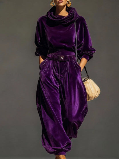 Elegant Velvet Two Piece Set for Women with Draped Cowl Neck and Wide Leg Trousers