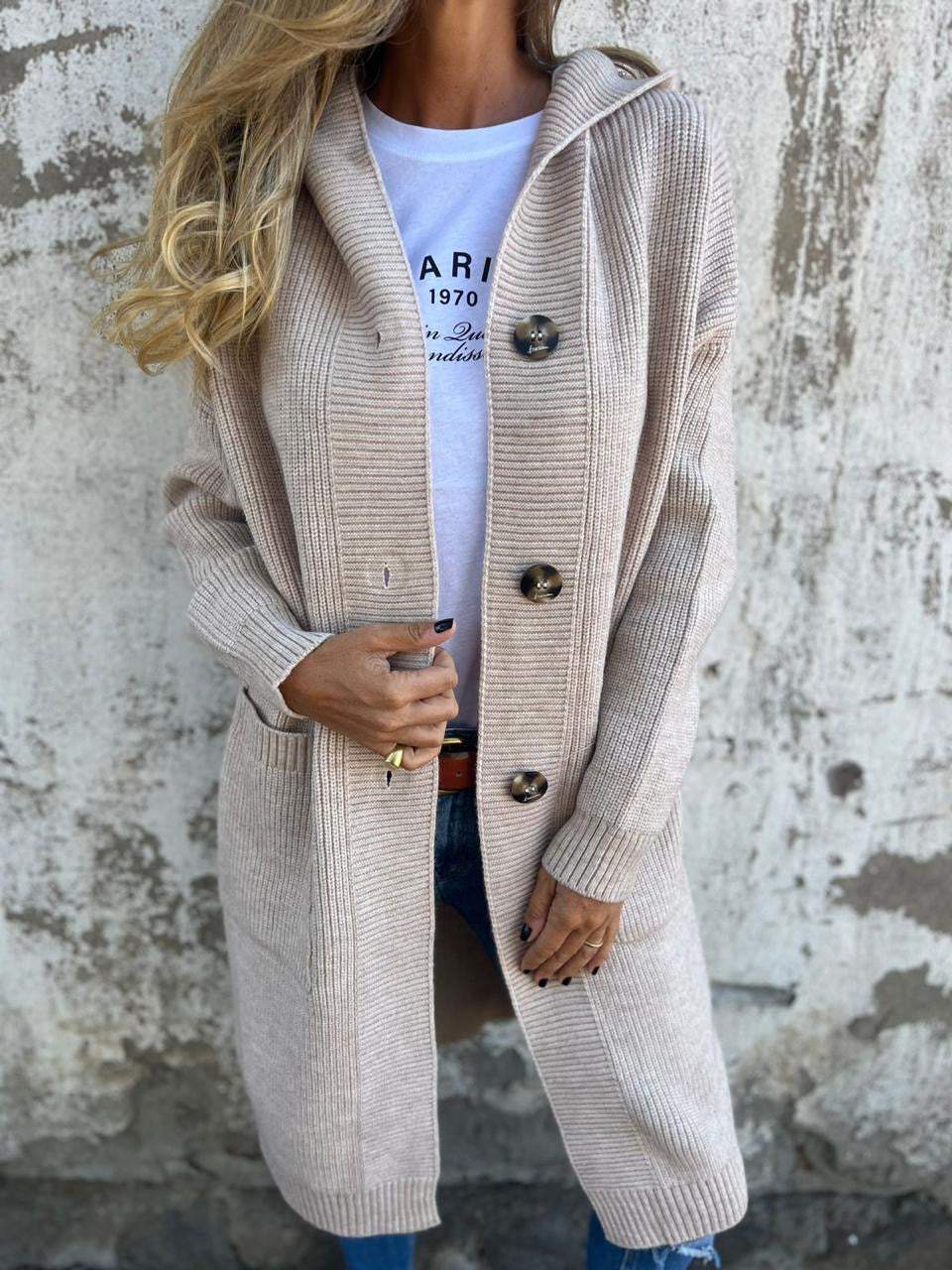 Cozy Long Knit Cardigan for Women with Hooded Neck Long Sleeve Button Front Duster Style