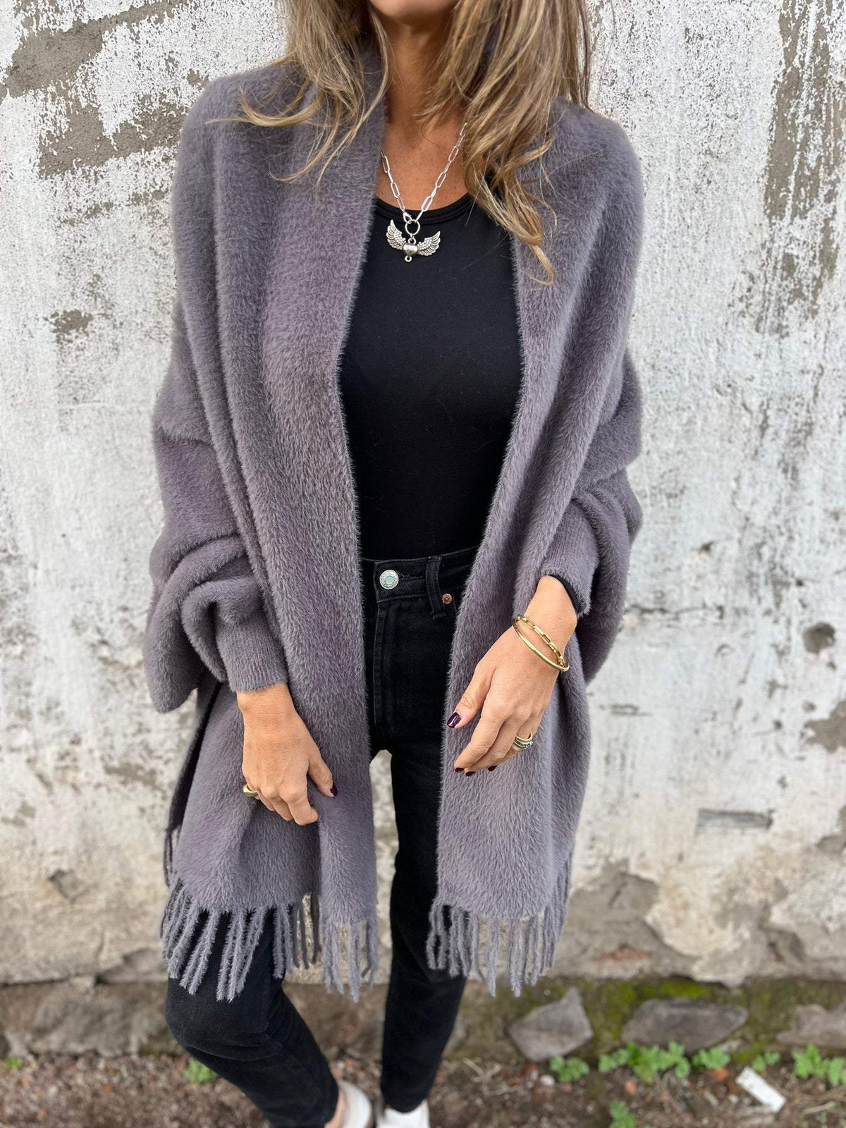 Cozy Fuzzy Knit Cardigan for Women with Open Front Long Sleeve Fringe Draped Relaxed Style