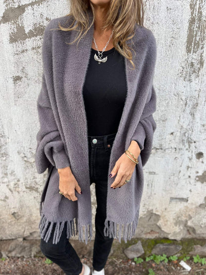 Cozy Fuzzy Knit Cardigan for Women with Open Front Long Sleeve Fringe Draped Relaxed Style