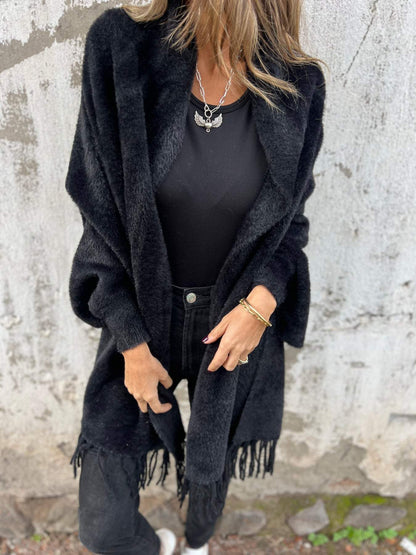 Cozy Fuzzy Knit Cardigan for Women with Open Front Long Sleeve Fringe Draped Relaxed Style