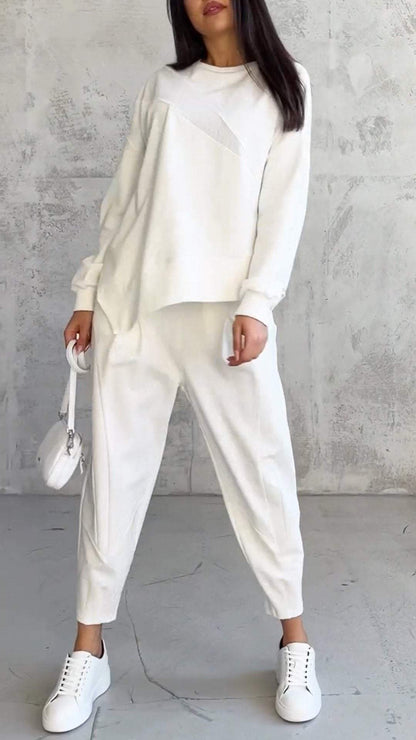 Comfortable Crewneck Two Piece Set for Women with Long Sleeve Drop Shoulder Wide Leg Pant Casual Style