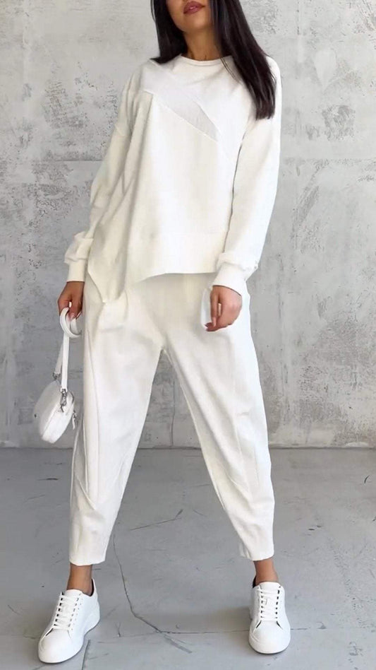 Comfortable Crewneck Two Piece Set for Women with Long Sleeve Drop Shoulder Wide Leg Pant Casual Style
