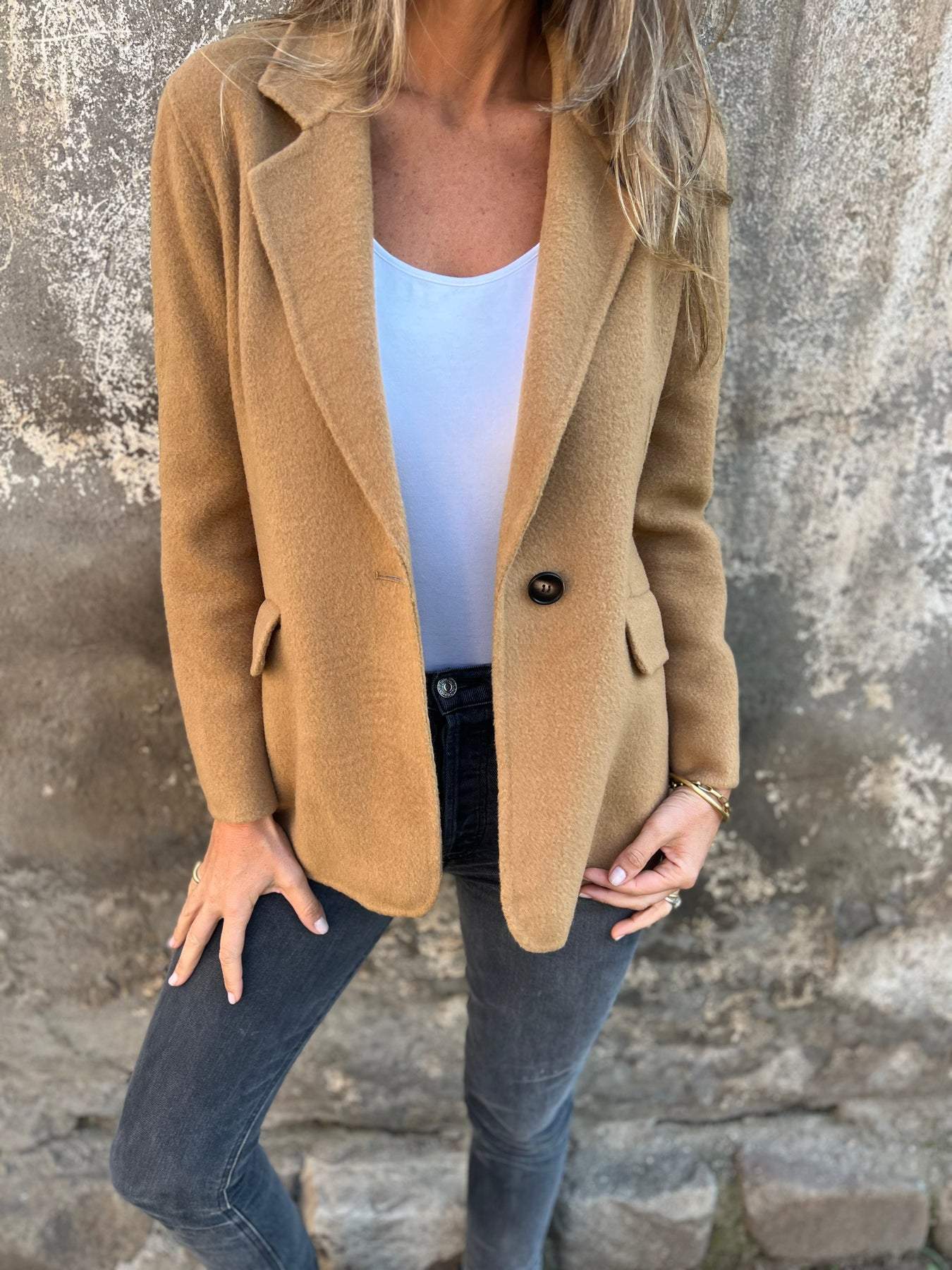 Elegant Textured Blazer for Women with Notch Lapel Long Sleeve Single Button Tailored Style