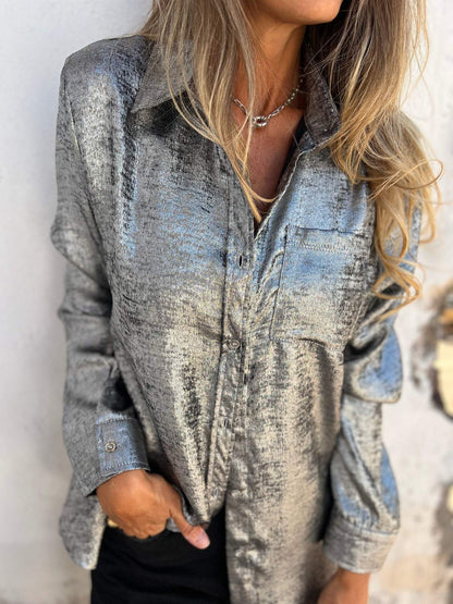Elegant Metallic Collar Shirt for Women with Long Sleeve Button Front Oversized Relaxed Style