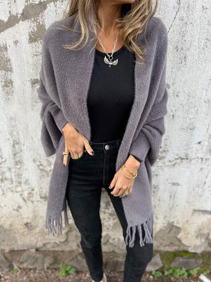 Cozy Fuzzy Knit Cardigan for Women with Open Front Long Sleeve Fringe Draped Relaxed Style