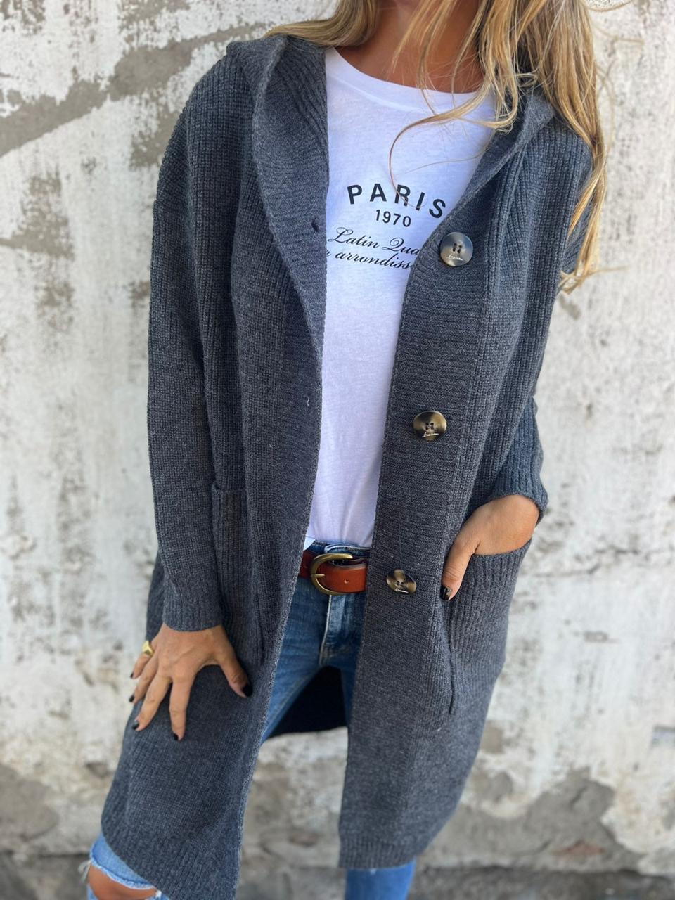 Cozy Long Knit Cardigan for Women with Hooded Neck Long Sleeve Button Front Duster Style