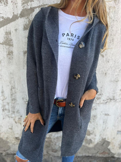 Cozy Long Knit Cardigan for Women with Hooded Neck Long Sleeve Button Front Duster Style