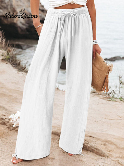 Effortless Linen Wide Leg Pants for Women with Elastic Drawstring High Waist Pocket Flowing Casual Style