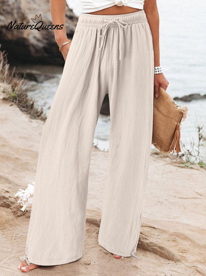 Effortless Linen Wide Leg Pants for Women with Elastic Drawstring High Waist Pocket Flowing Casual Style