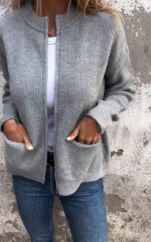 Cozy Knit Cardigan for Women with Zip Up Stand Collar Long Sleeve Pocket Relaxed Style