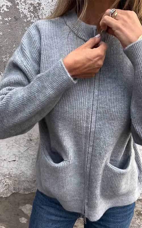 Cozy Knit Cardigan for Women with Zip Up Stand Collar Long Sleeve Pocket Relaxed Style