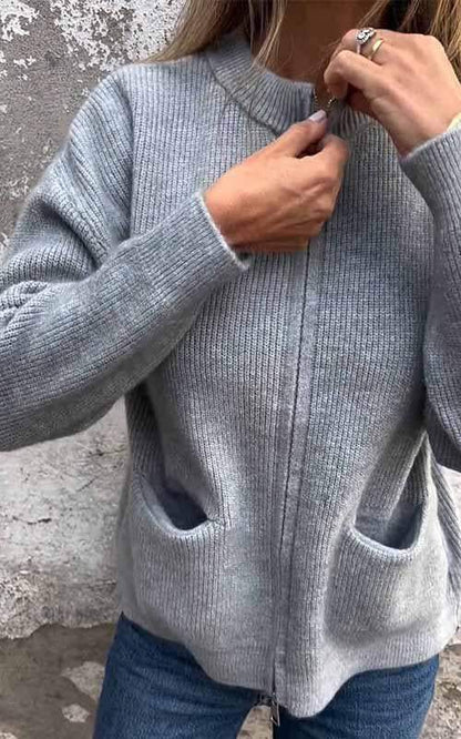 Cozy Knit Cardigan for Women with Zip Up Stand Collar Long Sleeve Pocket Relaxed Style