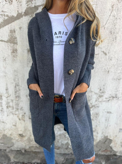 Cozy Long Knit Cardigan for Women with Hooded Neck Long Sleeve Button Front Duster Style