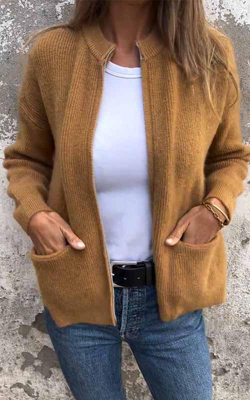 Cozy Knit Cardigan for Women with Zip Up Stand Collar Long Sleeve Pocket Relaxed Style