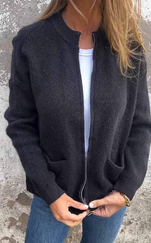 Cozy Knit Cardigan for Women with Zip Up Stand Collar Long Sleeve Pocket Relaxed Style