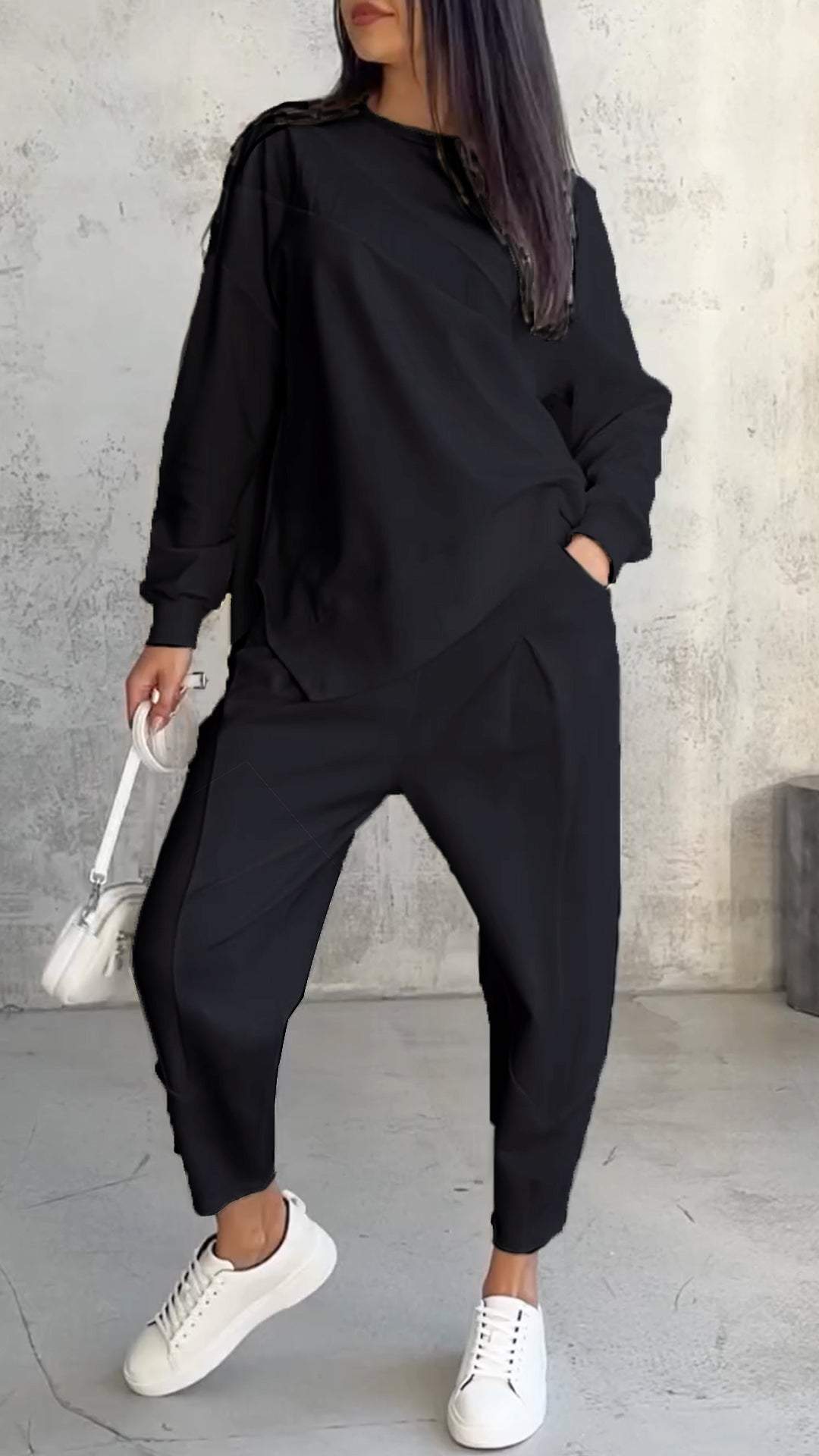 Comfortable Crewneck Two Piece Set for Women with Long Sleeve Drop Shoulder Wide Leg Pant Casual Style