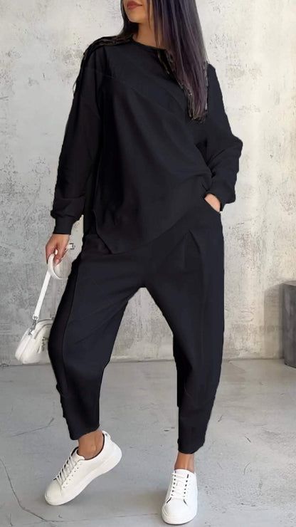 Comfortable Crewneck Two Piece Set for Women with Long Sleeve Drop Shoulder Wide Leg Pant Casual Style