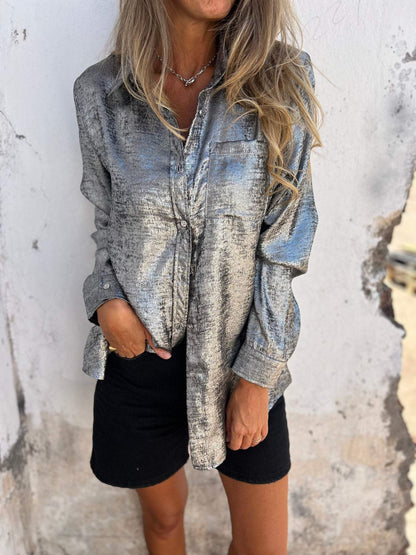 Elegant Metallic Textured Long Sleeve Shirt for Women with Collar Button Front Relaxed Style