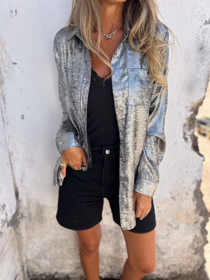 Elegant Metallic Textured Long Sleeve Shirt for Women with Collar Button Front Relaxed Style
