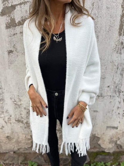 Cozy Fuzzy Knit Cardigan for Women with Open Front Long Sleeve Fringe Draped Relaxed Style