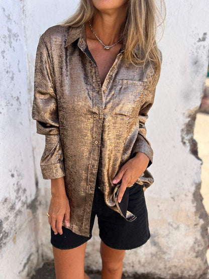 Elegant Metallic Textured Long Sleeve Shirt for Women with Collar Button Front Relaxed Style