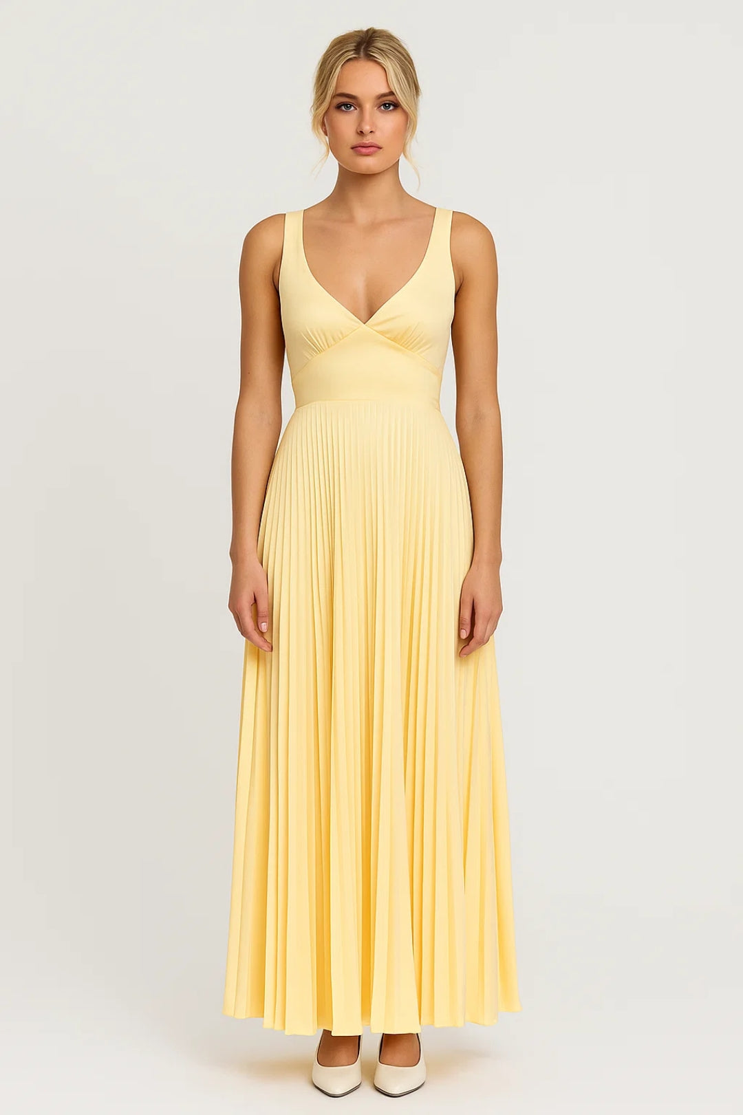 Elegant Yellow Dress for Women with V Neck Pleated Maxi Flowing Wedding Guest Style