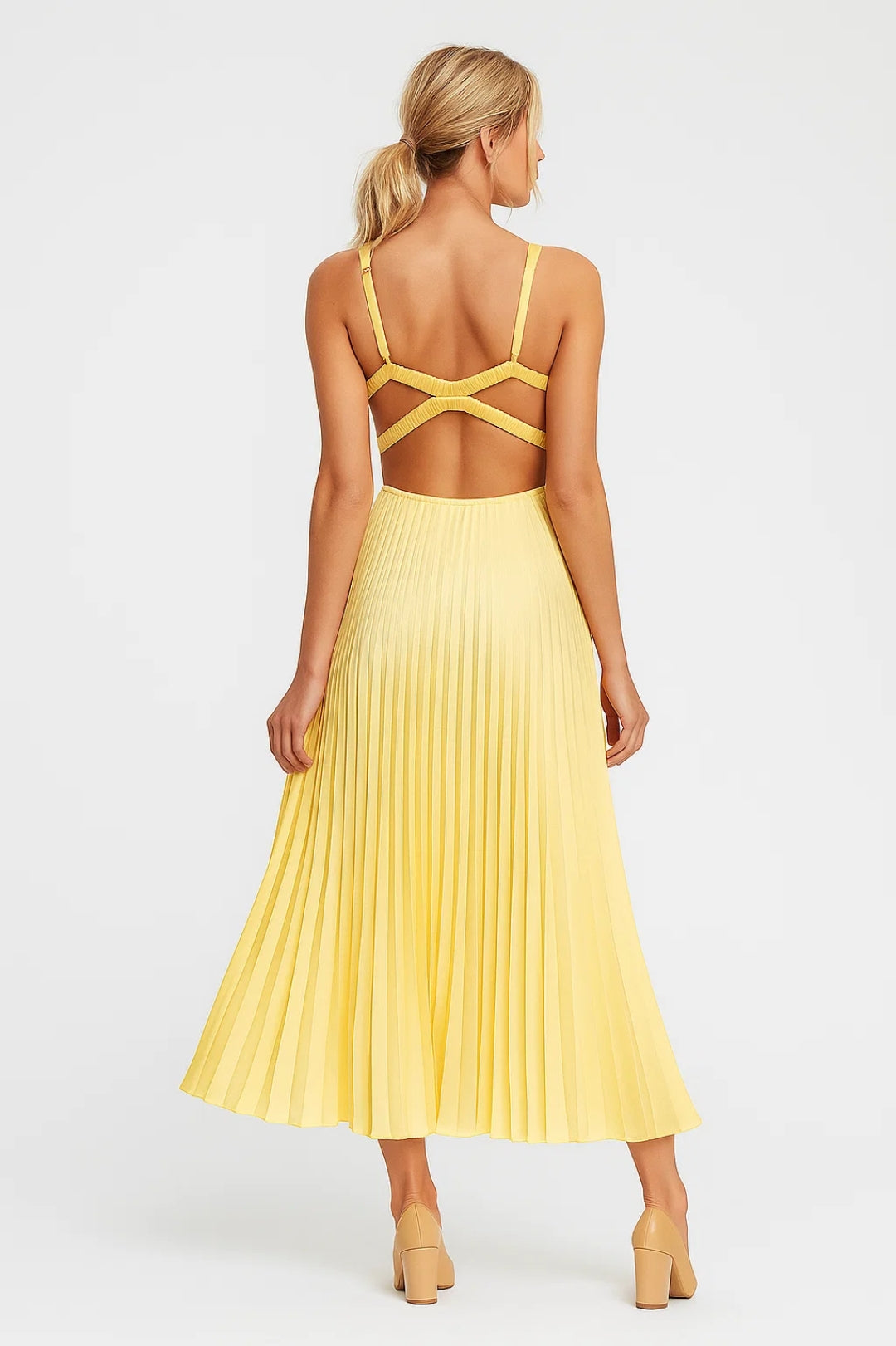 Elegant Yellow Dress for Women with V Neck Pleated Maxi Flowing Wedding Guest Style