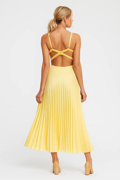 Elegant Yellow Dress for Women with V Neck Pleated Maxi Flowing Wedding Guest Style