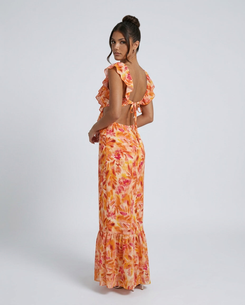 Elegant Floral Cocktail Maxi Dress for Women with Ruffle V Neck Sleeveless Bodycon Party Style