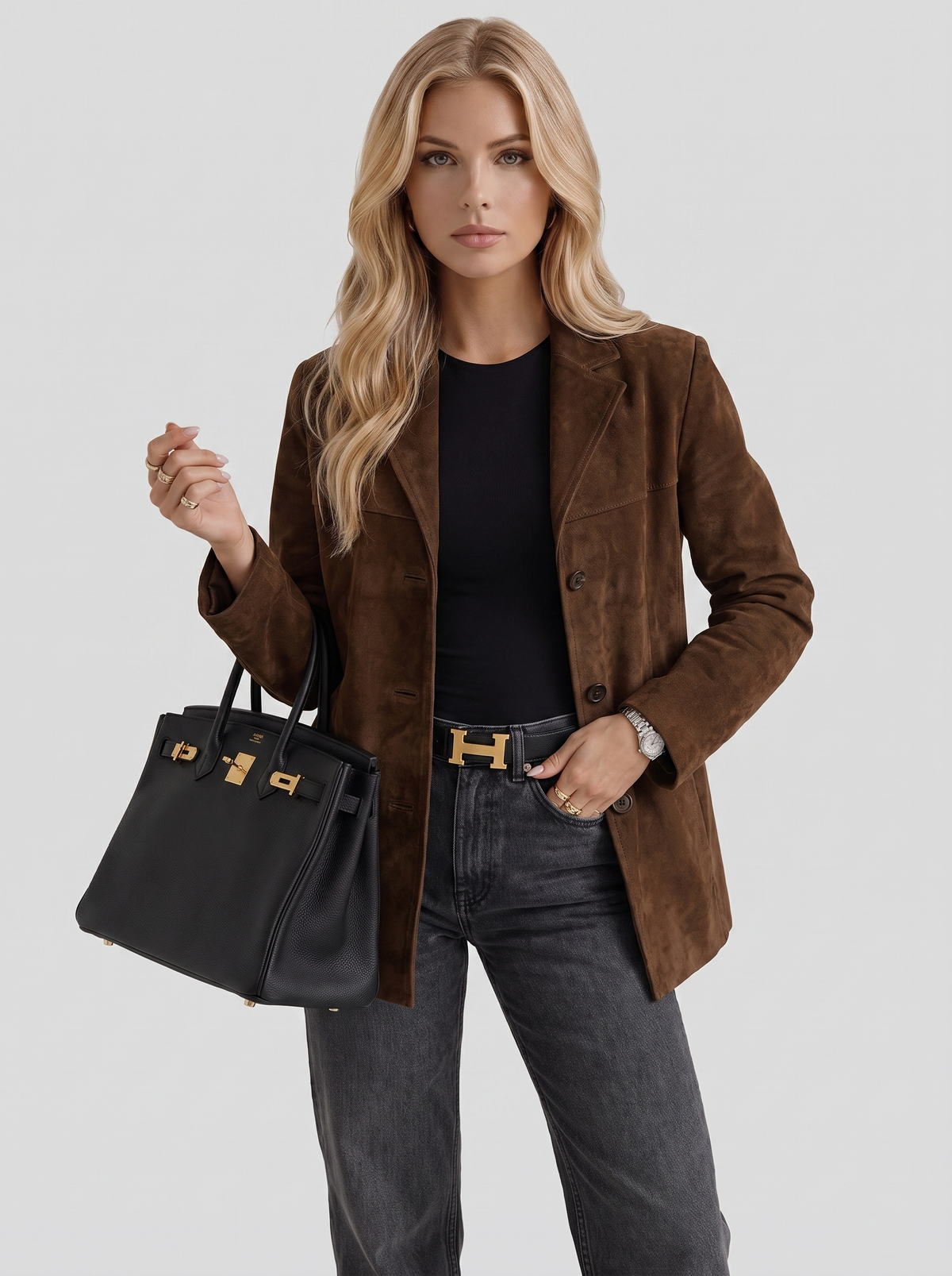 Elegant Brown Suede Blazer for Women with Notched Lapel Single Button Fitted Tailored Office Style
