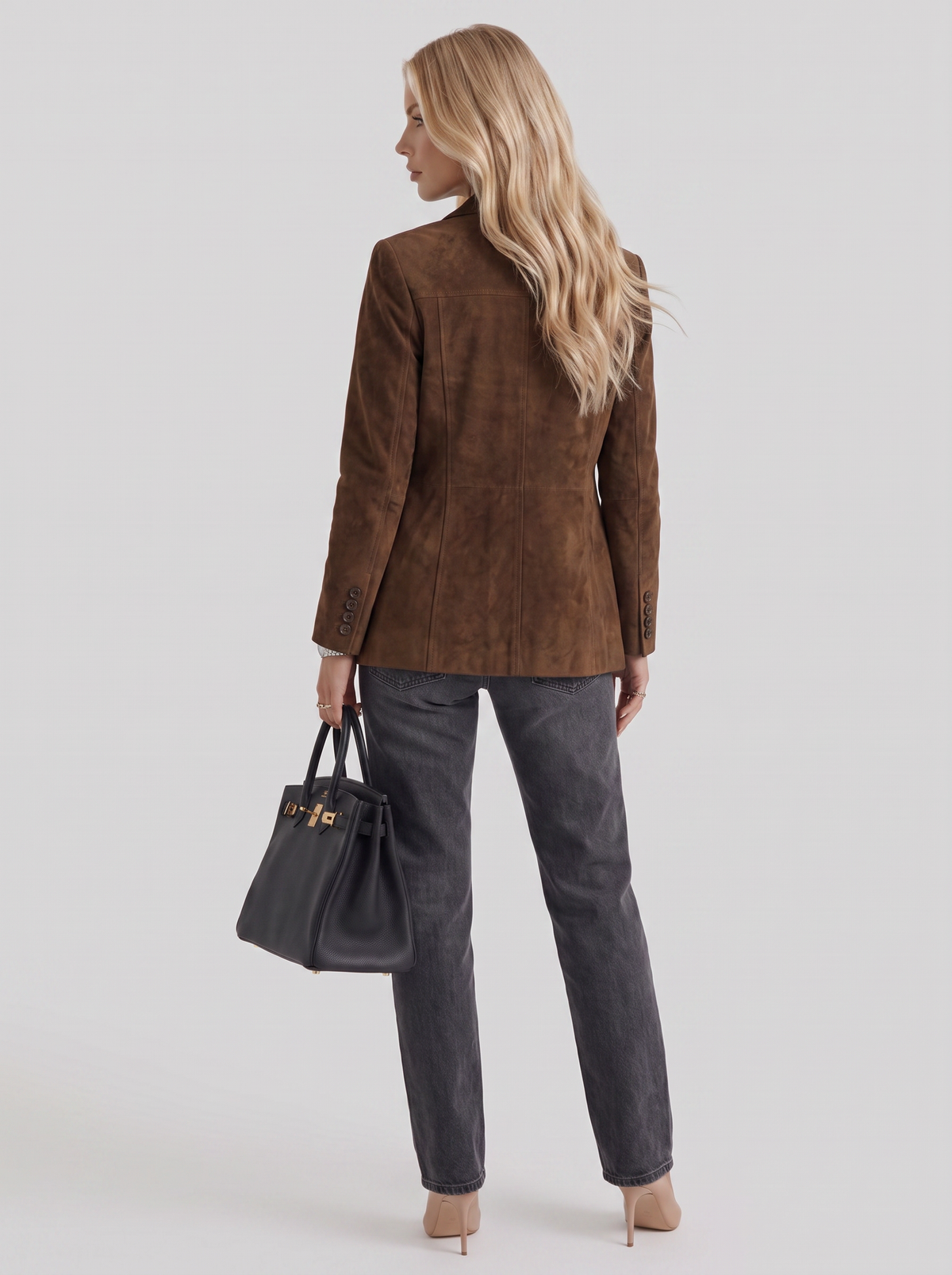 Elegant Brown Suede Blazer for Women with Notched Lapel Single Button Fitted Tailored Office Style
