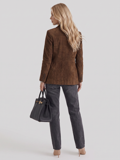 Elegant Brown Suede Blazer for Women with Notched Lapel Single Button Fitted Tailored Office Style