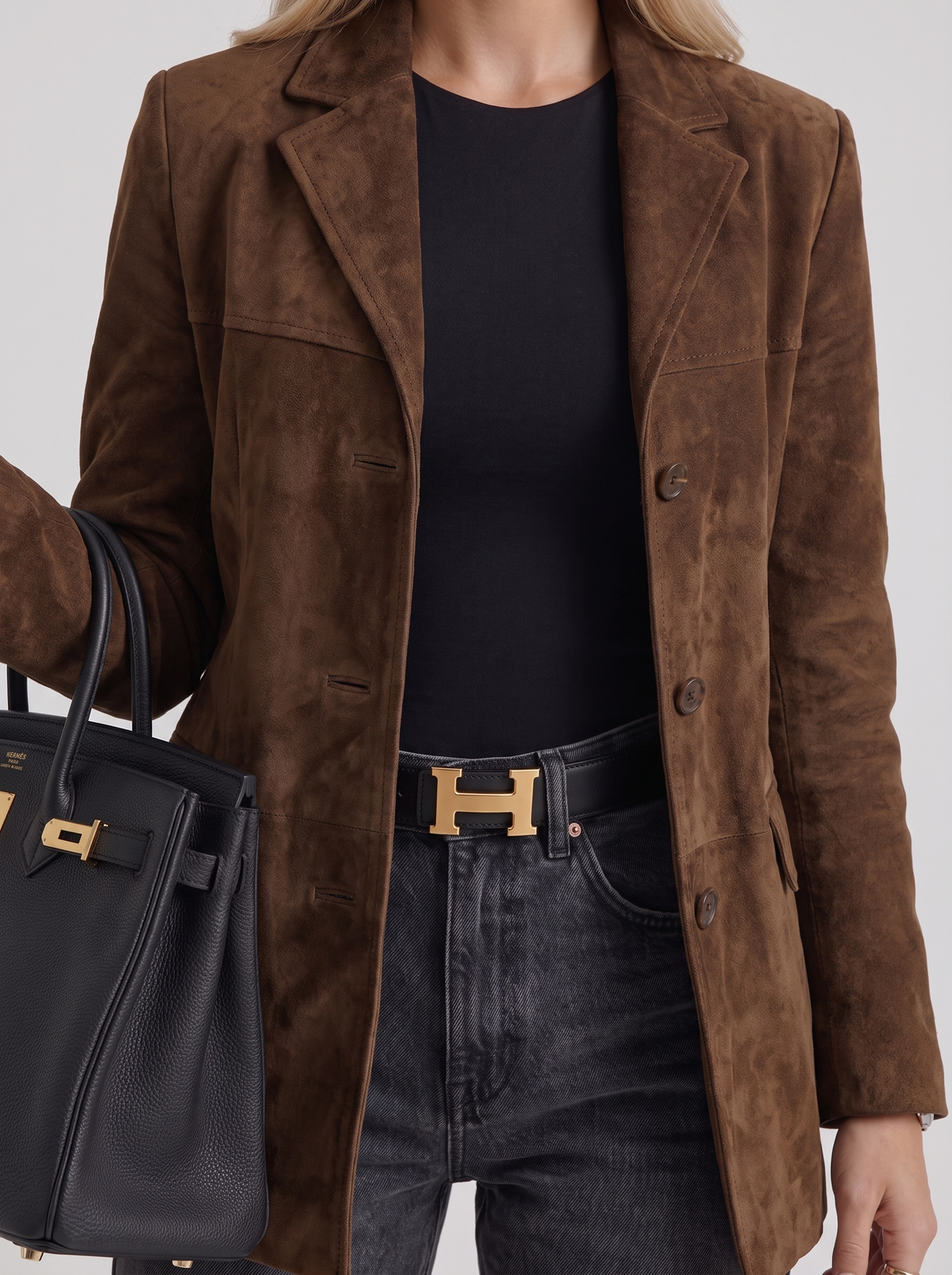 Elegant Brown Suede Blazer for Women with Notched Lapel Single Button Fitted Tailored Office Style