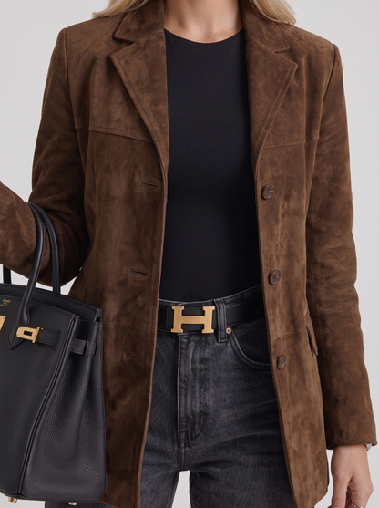 Elegant Brown Suede Blazer for Women with Notched Lapel Single Button Fitted Tailored Office Style