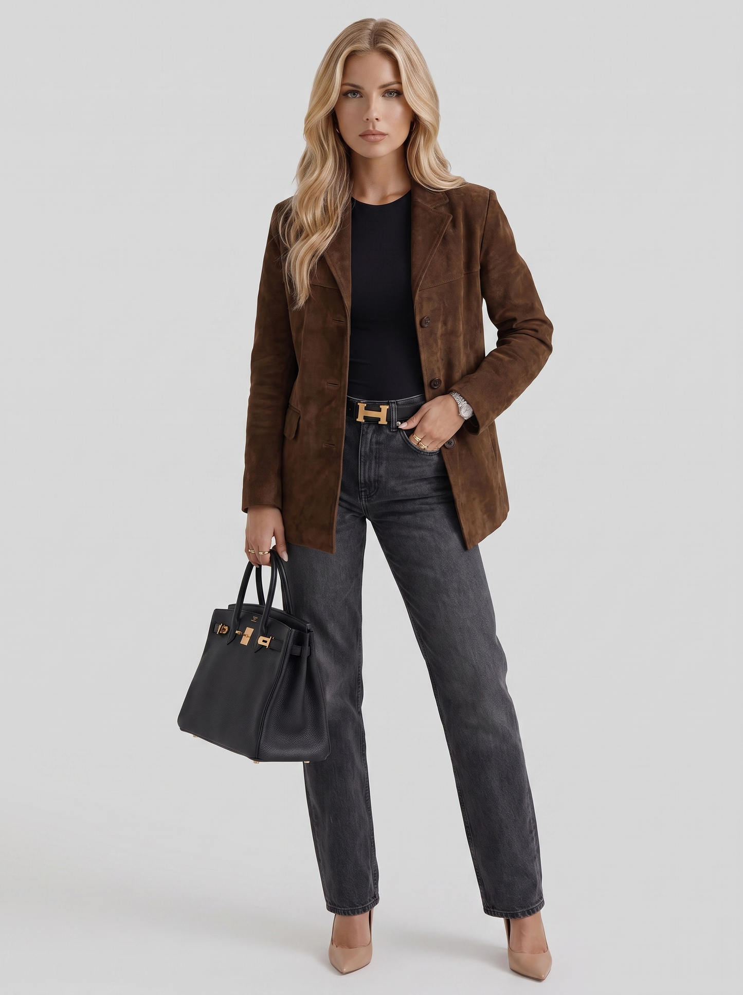 Elegant Brown Suede Blazer for Women with Notched Lapel Single Button Fitted Tailored Office Style