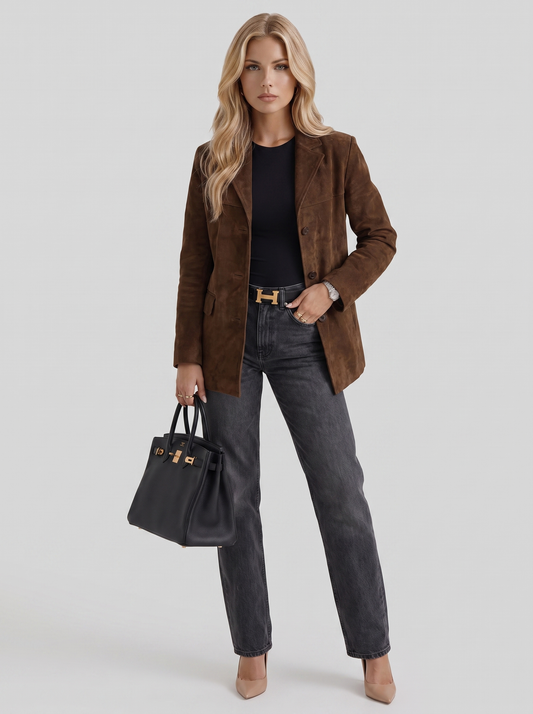 Elegant Brown Suede Blazer for Women with Notched Lapel Single Button Fitted Tailored Office Style