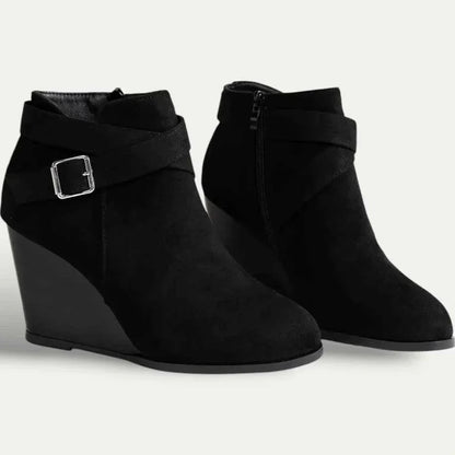 Chic Black Booties for Women with Wrap Strap Buckle Side Zip Wedge Heel Ankle Style
