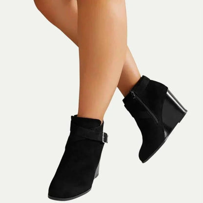 Chic Black Booties for Women with Wrap Strap Buckle Side Zip Wedge Heel Ankle Style