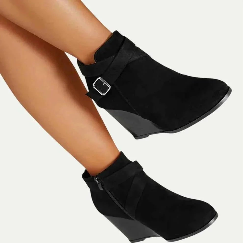 Chic Black Booties for Women with Wrap Strap Buckle Side Zip Wedge Heel Ankle Style