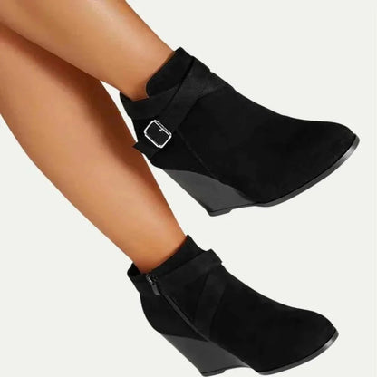 Chic Black Booties for Women with Wrap Strap Buckle Side Zip Wedge Heel Ankle Style