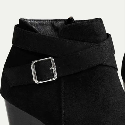Chic Black Booties for Women with Wrap Strap Buckle Side Zip Wedge Heel Ankle Style