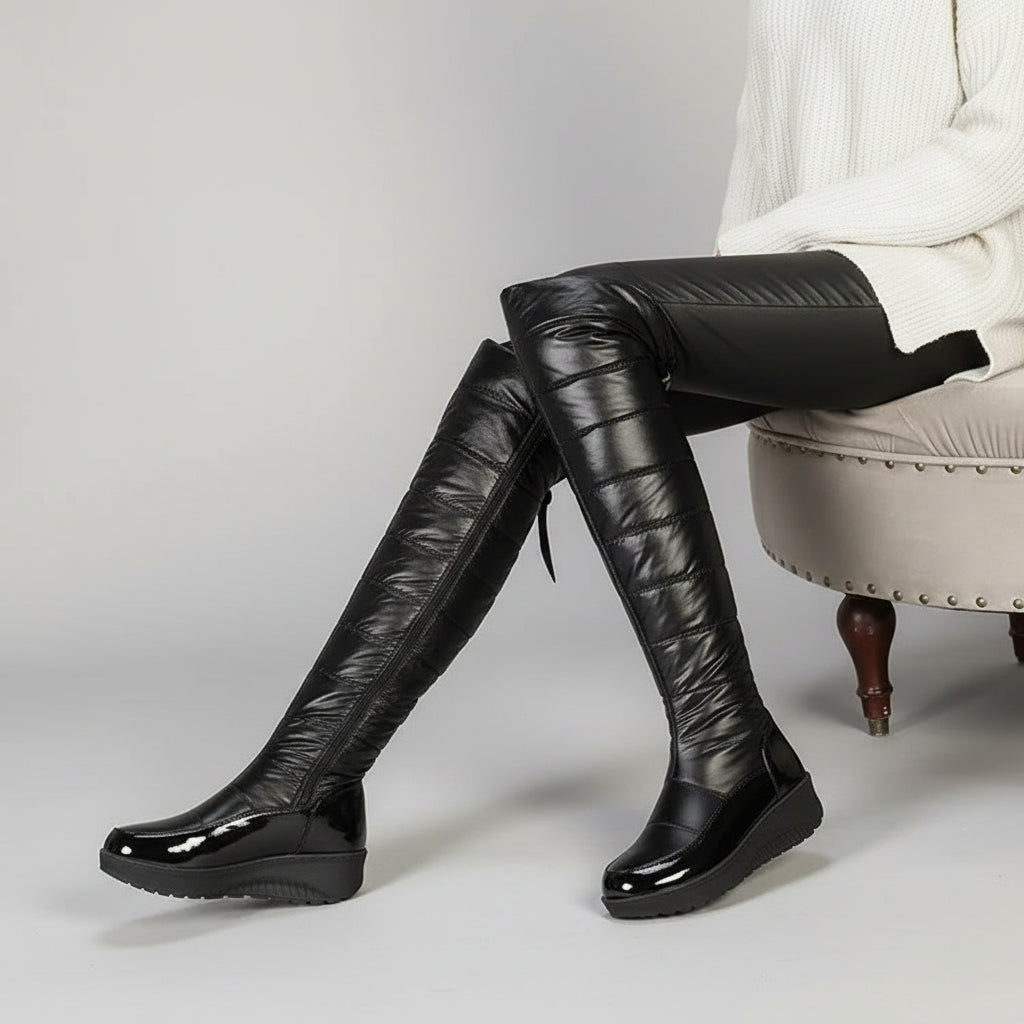 Cozy Over The Knee Boots for Women with Quilted Fleece Lined Round Toe Flatform Winter Style