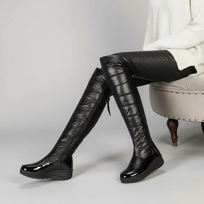 Cozy Over The Knee Boots for Women with Quilted Fleece Lined Round Toe Flatform Winter Style