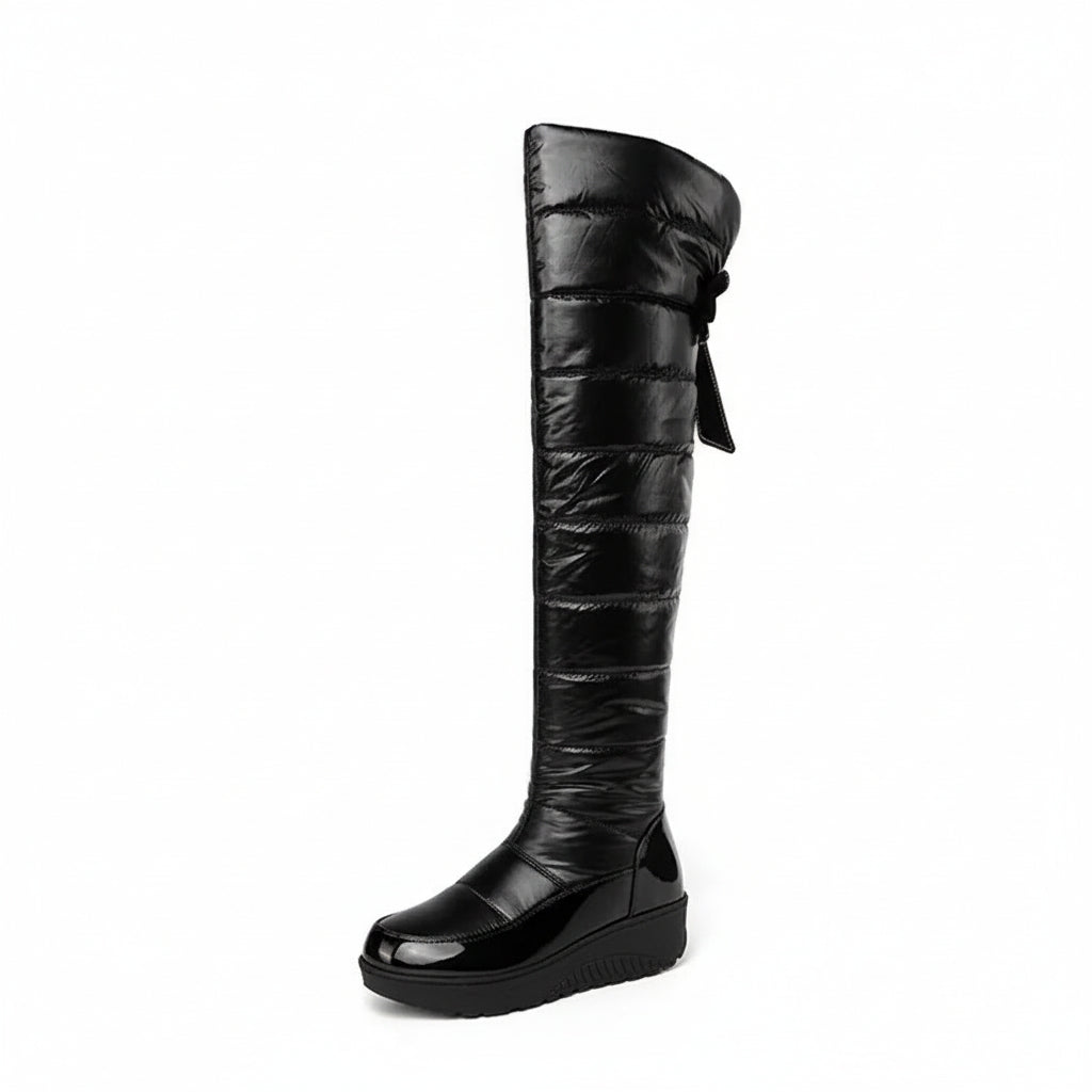 Cozy Over The Knee Boots for Women with Quilted Fleece Lined Round Toe Flatform Winter Style