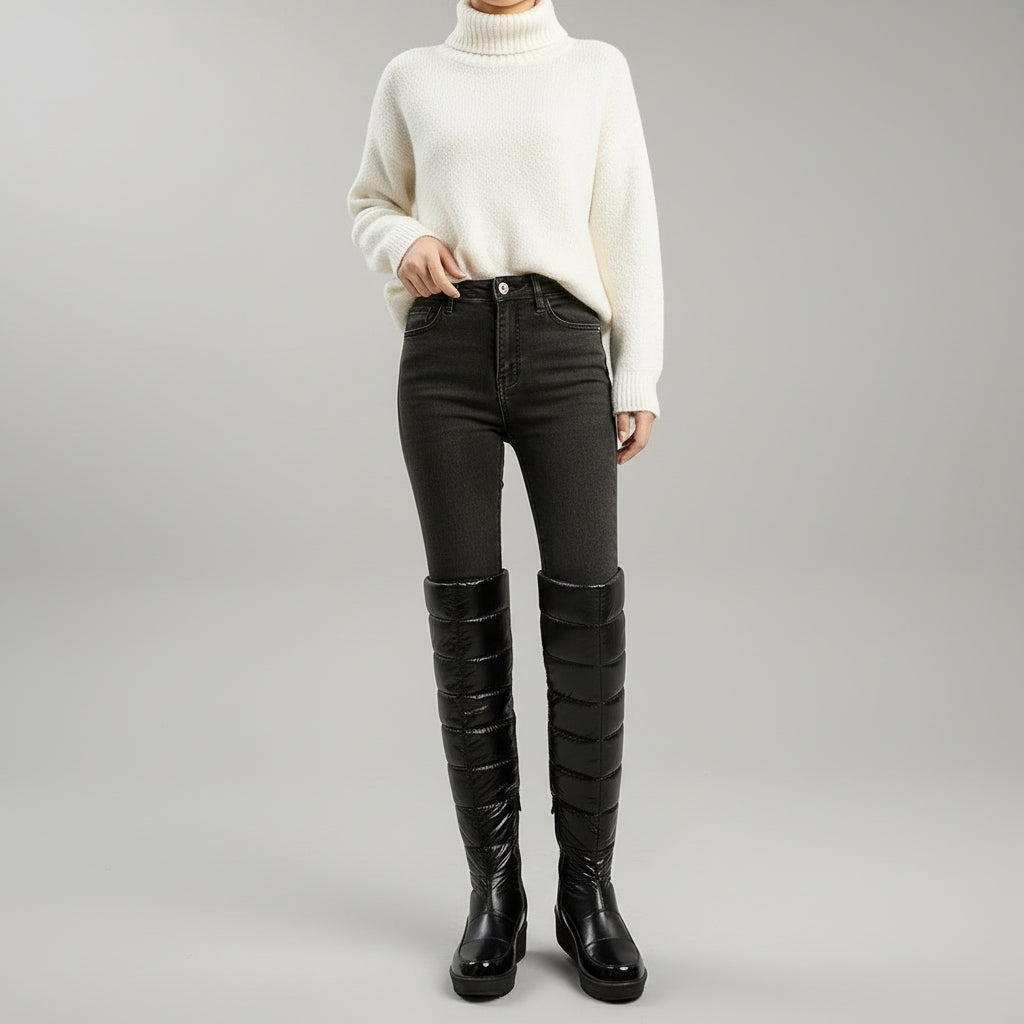 Cozy Over The Knee Boots for Women with Quilted Fleece Lined Round Toe Flatform Winter Style