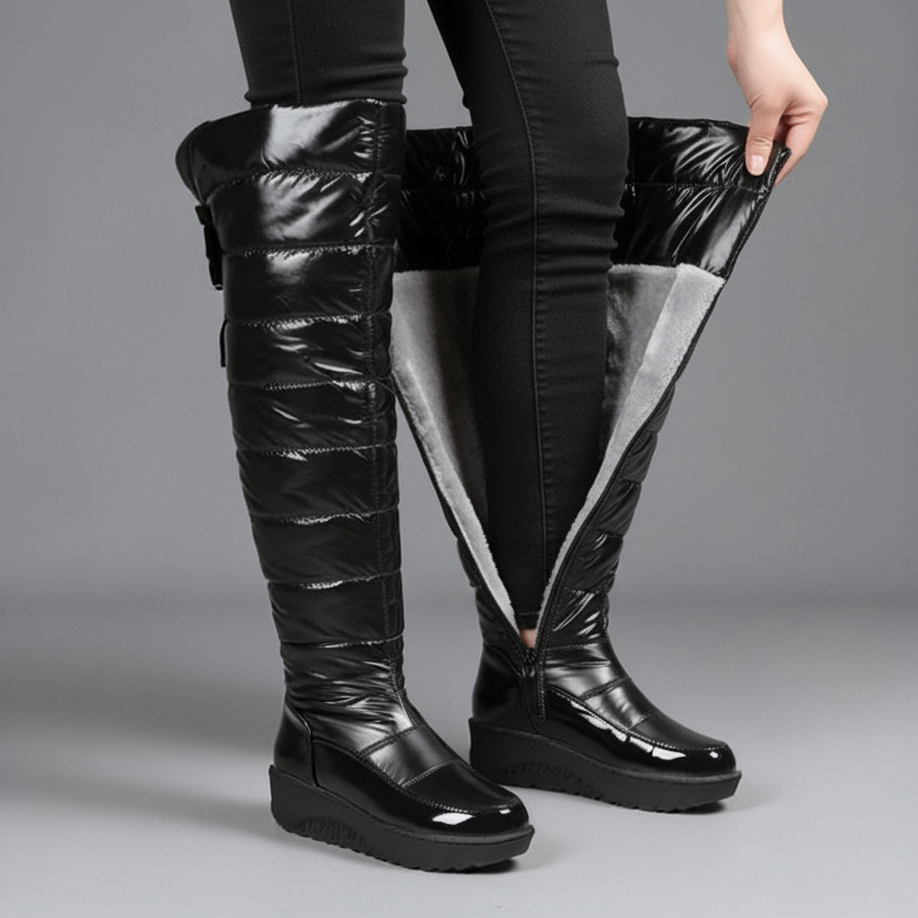 Cozy Over The Knee Boots for Women with Quilted Fleece Lined Round Toe Flatform Winter Style