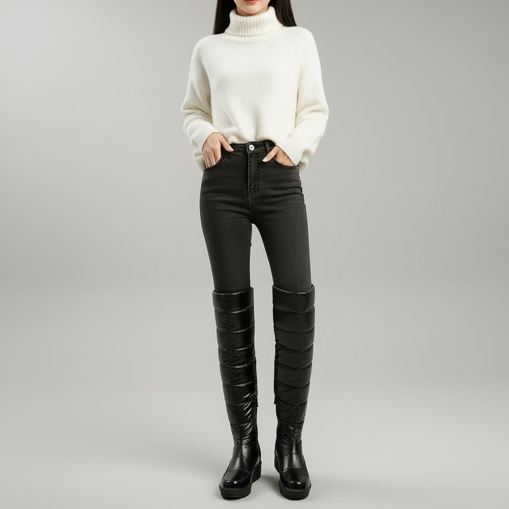 Cozy Over The Knee Boots for Women with Quilted Fleece Lined Round Toe Flatform Winter Style
